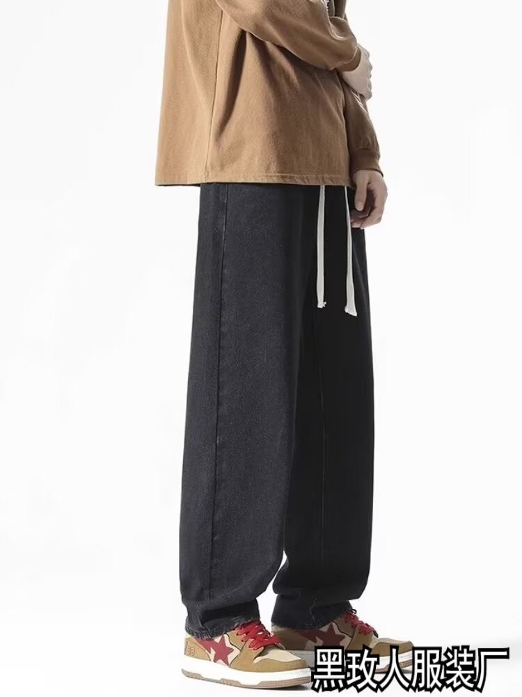 Jeans Spring & Fall Women'S Loose Oversize Trendyy Handsome Drawstring Elastic Waist Men'S And Women'S Same Style Pants Straight Pants - Image 3